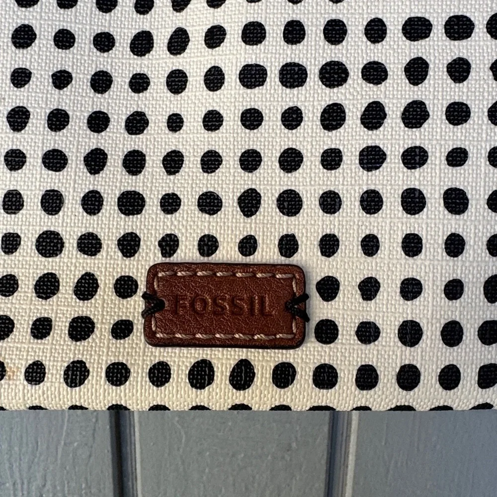 Fossil White Tote with Black Polka Dots and Brown Leather Trim